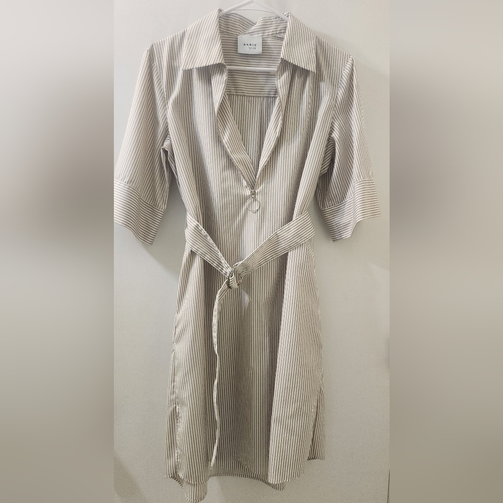 Akris Punto Beige Striped Shirt Dress with Belt, Size 6,‎ Cotton.